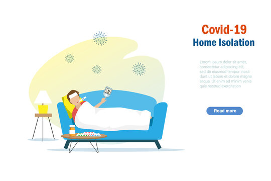 Covid-19 Home Isolation. Sick Man On Sofa Self Check Temperature And Oxygen Saturation From Digital Fingertip Oximeter. Medial And Healthcare Concept.