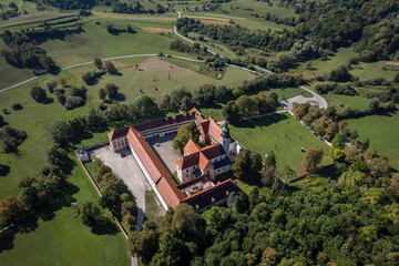Fototapeta na wymiar Aerial view of Cistercian monastery Kostanjevica na Krki, Lower Carniola, Slovenia