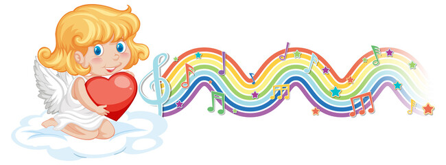 Cupid girl holding heart with melody symbols on rainbow