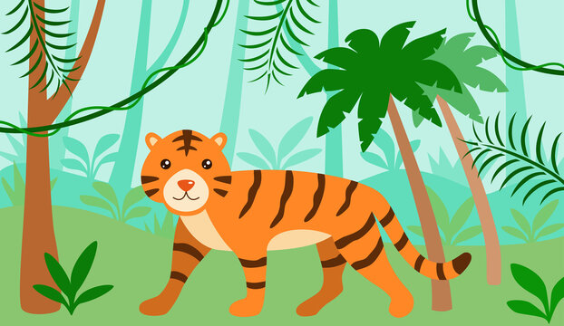 Vector tiger in cartoon style on jungle background, tiger in rainforest, illustration for children