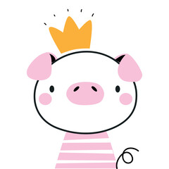 Cute Pig as Farm Animal Wearing Gold Crown Vector Illustration