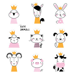 Cute Animal Head Wearing Gold Crown Drawn Outline Vector Set