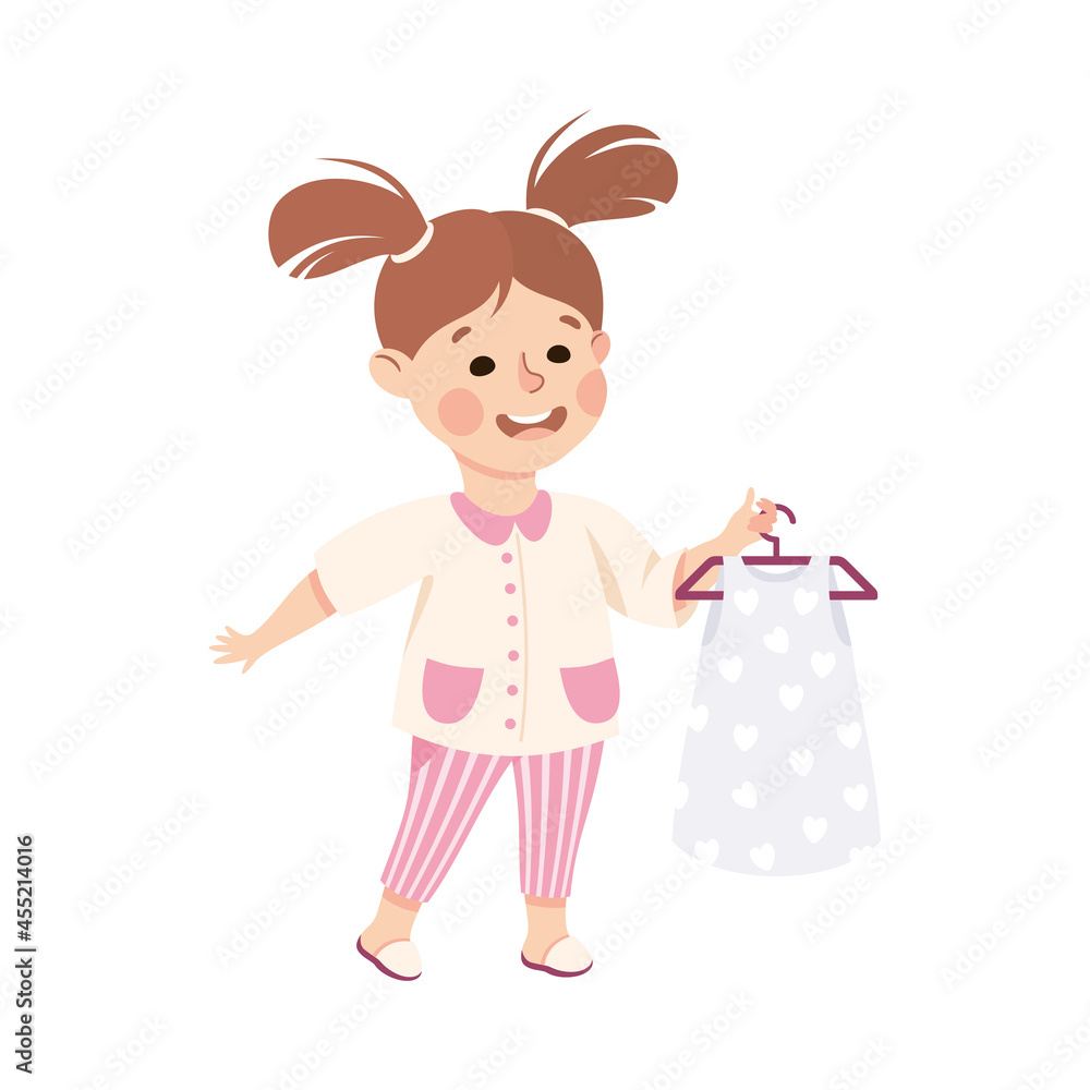 Sticker Little Girl with Ponytails with Pretty Dress on Hanger Engaged in Daily Activity and Everyday Routine Vector Illustration