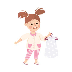 Little Girl with Ponytails with Pretty Dress on Hanger Engaged in Daily Activity and Everyday Routine Vector Illustration