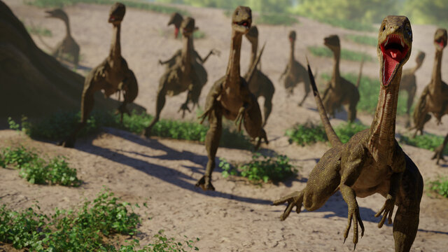 Compsognathus longipes, group of dinosaurs from the Late Jurassic period, 3d paleoart render