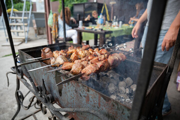 BBQ picnic with kebabs and meat on an open fire on a summer day in the backyard of a private house.
