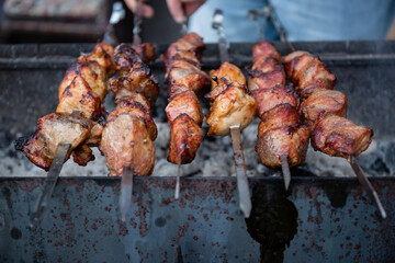 BBQ picnic with kebabs and meat on an open fire on a summer day in the backyard of a private house.