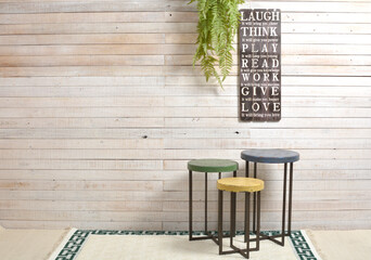 wooden wall, vintage chairs, laugh love wooden sign, background