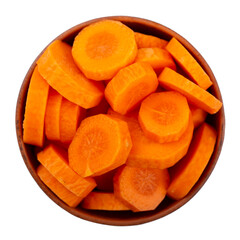 Sliced carrots in a bowl Isolated on white background. Fresh cut crisp pieces of  carrots, a root vegetable with orange color. Edible taproot.