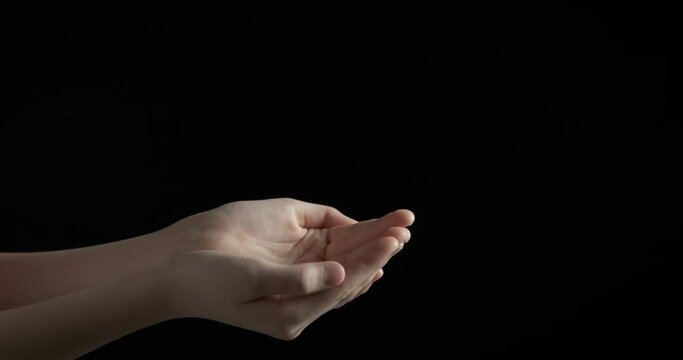 Hands of a begging child. Open palms of a teenager on a dark background.