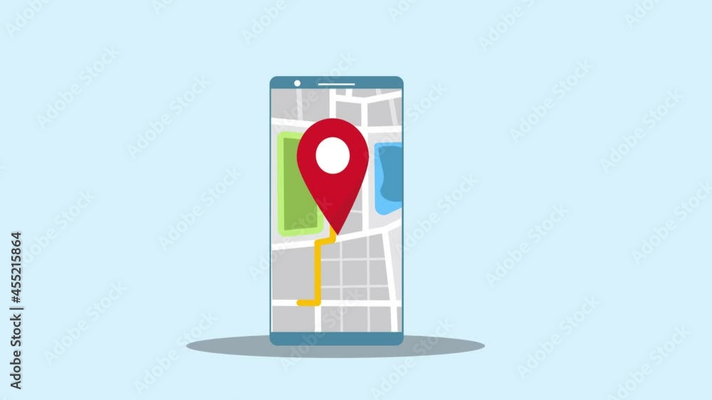 Poster search location with a gps city map app on a phone screen. smartphone with route map and pin in moti