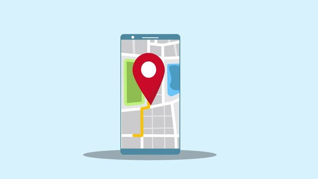 Search Location with a GPS city map app on a phone screen. Smartphone with route map and pin in motion graphics. Animated location pin on smartphone screen. Useful motion graphics for social media.