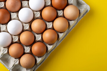 Nice big rural fresh eggs in cardboard egg box holder with colorful yellow background.