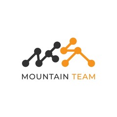Abstract Mountain Hiker Vector Logo with combination of Neuron Channel Design. Teamwork or Group of Hiking Team Work Symbol Illustration