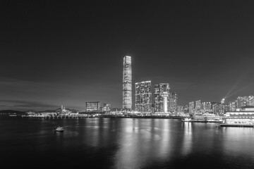 Night scenery of skyscraper, skyline and harbor of Hong Kong city
