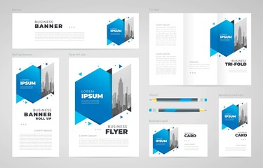 Abstract hexagon theme Set flyer cover, tri-fold, banner, roll up banner, business card blue color