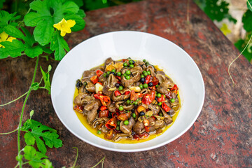 Stir-fried large intestine with Chinese Sichuan and Hunan cuisine with mountain pepper