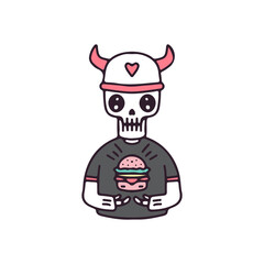 Cute viking skull with burger. illustration for t shirt, poster, logo, sticker, or apparel merchandise.