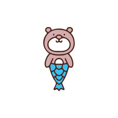 Kawaii bear mermaid cartoon illustration for t shirt, poster, logo, sticker, or apparel merchandise.