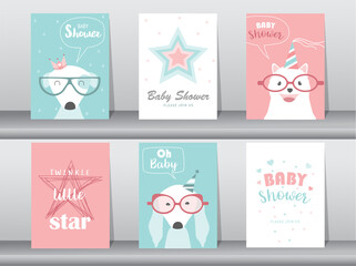 Set of baby shower invitations cards with cute animals,poster,greeting,template,dogs,cute,animal,Vector illustrations.