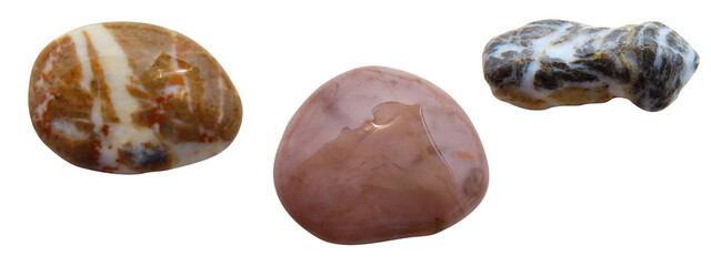 Set of different wet sea stones isolated on white background. Macro closeup.