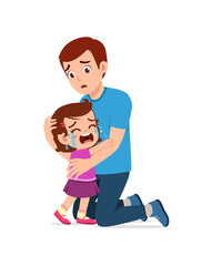 young father hug crying little girl and try to comfort - obrazy, fototapety, plakaty