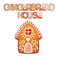Gingerbread House Gift Card. Cute Christmas Traditional Cookie with white icing decoration. Vector illustration.