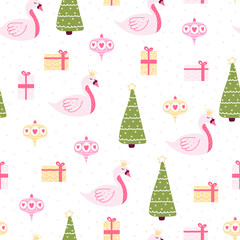 Cute christmas pattern with swan, xmas eve and gifts boxes in childish cartoon style on white background for wrapping paper or fabric, animal ornate for kids