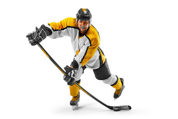 Athlete in action. Professional hockey player in the helmet and gloves on white background. Sports emotions. Hockey concept