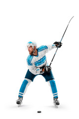 Hockey. Athlete in action. Professional hockey athlete swinging his stick. Hockey player in the...