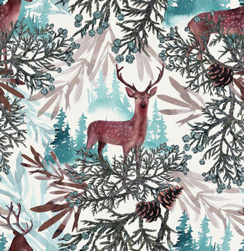 Seamless pattern with deer standing in the forest against the background of birches and fir trees. Autumn background painted with watercolor