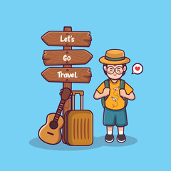 world tourisme day background Lets go travel illustation cute boy cartoon with tourist suitcase
