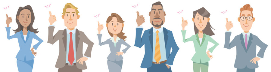 Group of diverse business people with thumbs up on white background. Positive, successful, cheerful, happy. Vector illustration in flat cartoon style.