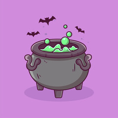 Witch cauldrons with magic potions and elixir boiling cartoon halloween background