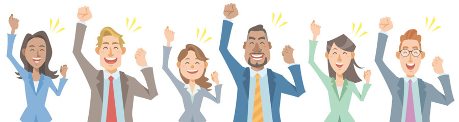 Group of diverse business people pumping fists on white background. Victory, win, glad, successful, cheerful, happy. Vector illustration in flat cartoon style.