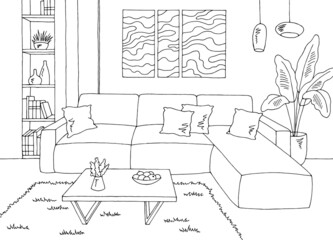Living room graphic black white home interior sketch illustration vector 