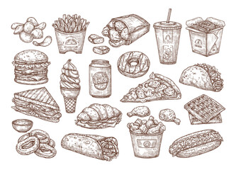 Vector sketch set of fast food. Hand drawing food in vintage style.