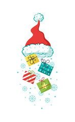 Red christmas santa hat with falling gift boxes. Pile of winter holidays gift boxes with snowflakes
