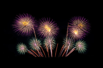 Fireworks of various colors bursting against a black background