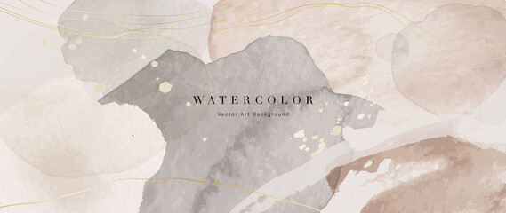 Fototapeta na wymiar Watercolor art background vector. Wallpaper design with paint brush and gold line art. Earth tone blue, pink, ivory, beige watercolor Illustration for prints, wall art, cover and invitation cards.