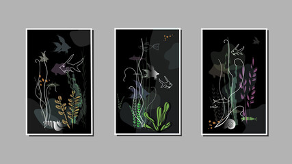Underwater world ocean floor modular triptych paintings with fish, sea shells and plants. Vector illustrations for wall and other designs. 