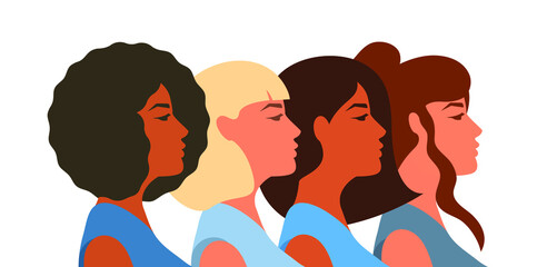 Women of different races in profile, their heads are proudly raised, African, European, Asian, Slavic skin and hair types. Vector illustration, flat cartoon design isolated on white background, eps 10