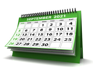 Desktop Calendar September 2021 isolated in white background, September 2021 Spiral Calendar for Stationary, flyer, banner background. 3d render