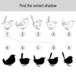 Find the correct shadow puzzle with different birds. Illustration can be used as logic game for children.