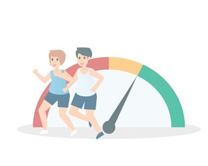 Fat man and women with bloated belly are jogging to lose weight,cardio exercise,beginner and overweight friendly,so that healthy, not sick,Vector illustration.