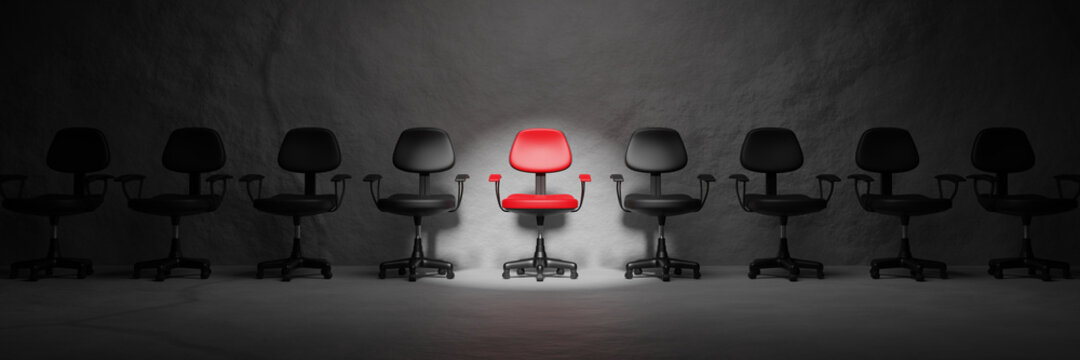 Job interview, recruitment,best,talent concepts.Row of chairs with one odd one out. Job opportunity.Red chair in spotlight.Business leadership. recruitment concept.3D rendering and illustation.