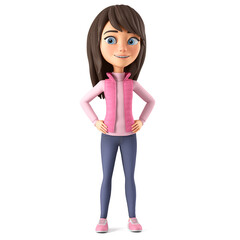 Character cartoon beautiful girl in a pink jacket on a white background. 3d render illustration.