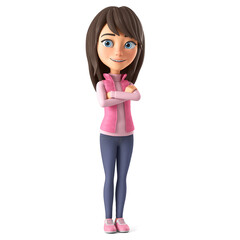 Character cartoon beautiful girl in a pink jacket on a white background folded her arms on her chest. 3d render illustration.