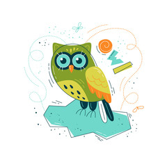 Print with cute owl in flat style. Vector illustration in Scandinavian style. Concept for children, baby print.
