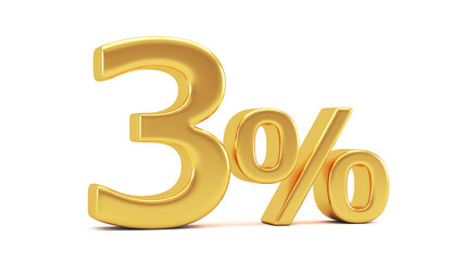3% discount on sale. Golden three percent isolated on white background. 3d render illustration for business ideas.